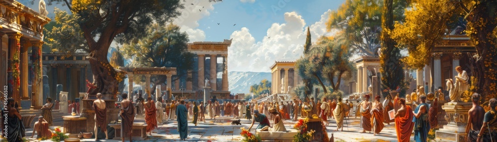 Naklejka premium Vibrant Ancient Greece agora, philosophers debating, rich cultural tapestry