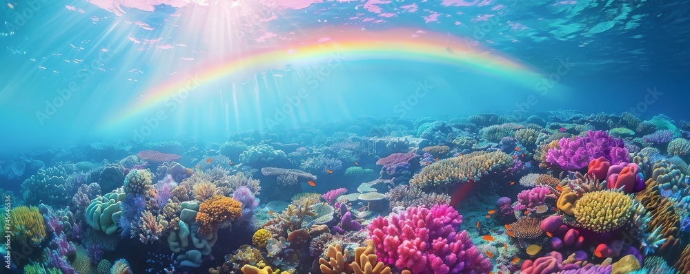 Naklejka premium Vibrant coral reef teeming with life, underwater rainbow, conservation message