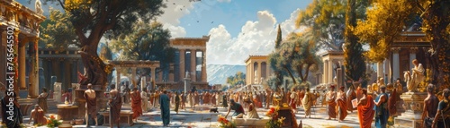 Vibrant Ancient Greece agora, philosophers debating, rich cultural tapestry
