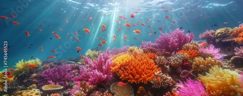 Vibrant coral reef teeming with life, underwater rainbow, conservation message