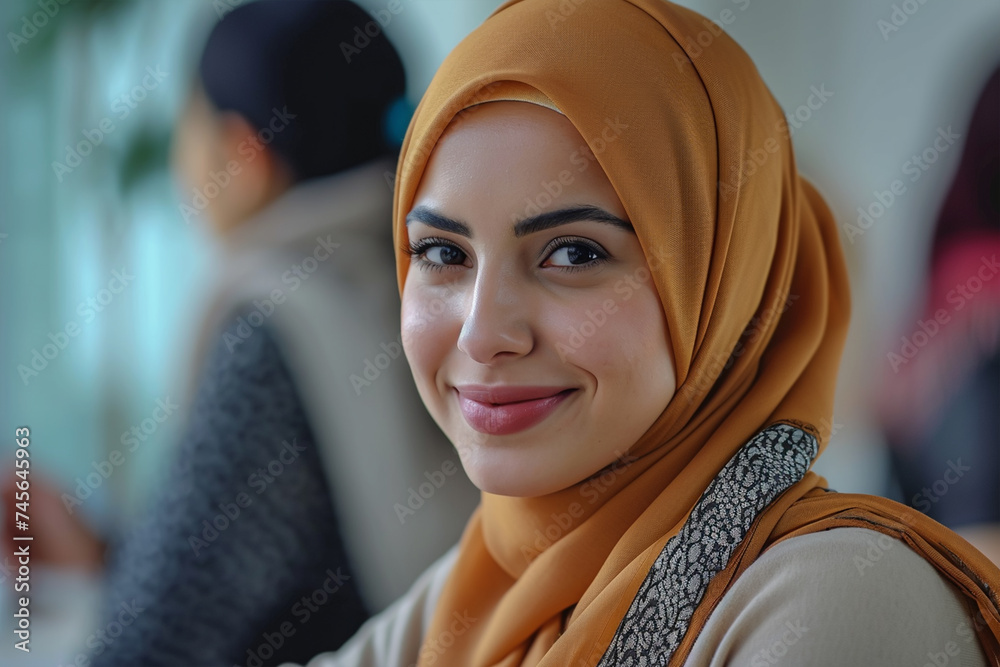 Close-up of muslim woman friends meeting in office, Nice to meet you Close-up of muslim woman friends meeting in office, Nice to meet you