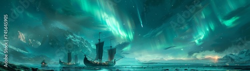 Viking longships under a 5G sky, digital auroras, merging eras
