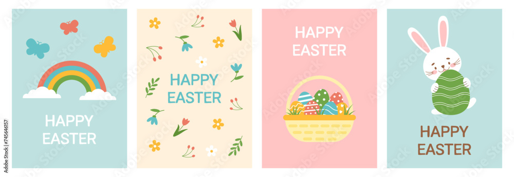 Happy easter cards set. Minimal card designs with cute elements, vector illustration template.