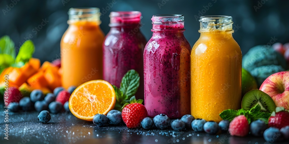 Vibrant Fruit Smoothies in Glass Bottles: Professional Photo with Copy Space. Concept Fruit Smoothies, Glass Bottles, Professional Photo, Copy Space, Vibrant Colors Vibrant Fruit Smoothies in Glass Bottles: Professional Photo with Copy Space. Concept Fruit Smoothies, Glass Bottles, Professional Photo, Copy Space, Vibrant Colors
