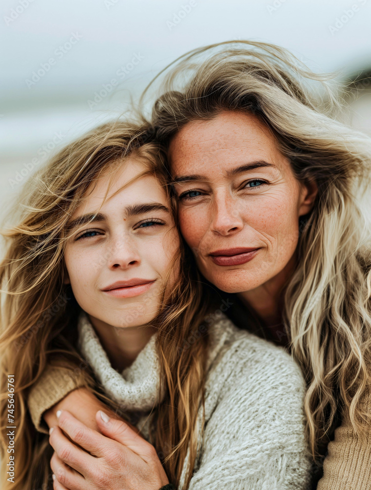 Affectionate Mother and Teenage Daughter Enjoying Bonding Time on Beach
