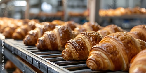 Croissants moving on production line in bakery factory. Concept Bakery factory, Croissants production, Production line, Baking process, Food manufacturing