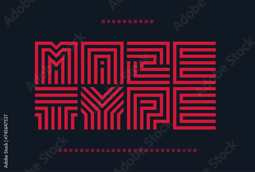 Square maze alphabet, bold geometric letters, unique puzzle font for creative logo, engaging headline. Abstract labyrinth typographic design for branding, poster, print, card, art. Vector typeset.
