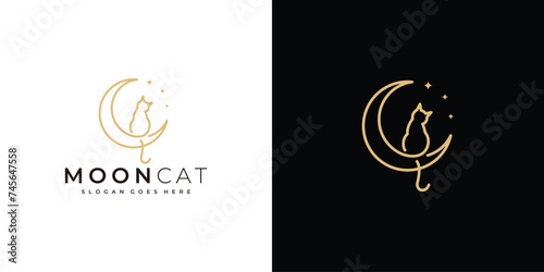Creative Moon Cat Logo. Crescent and Cat with Linear Outline Style. Pet Logo Icon Symbol Vector Design Template.