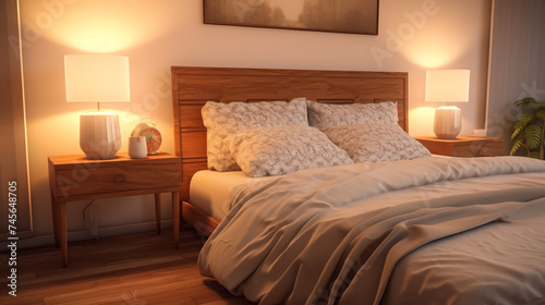 Interior of bedroom with green blankets on bed, burning candles and glowing lamp at night 