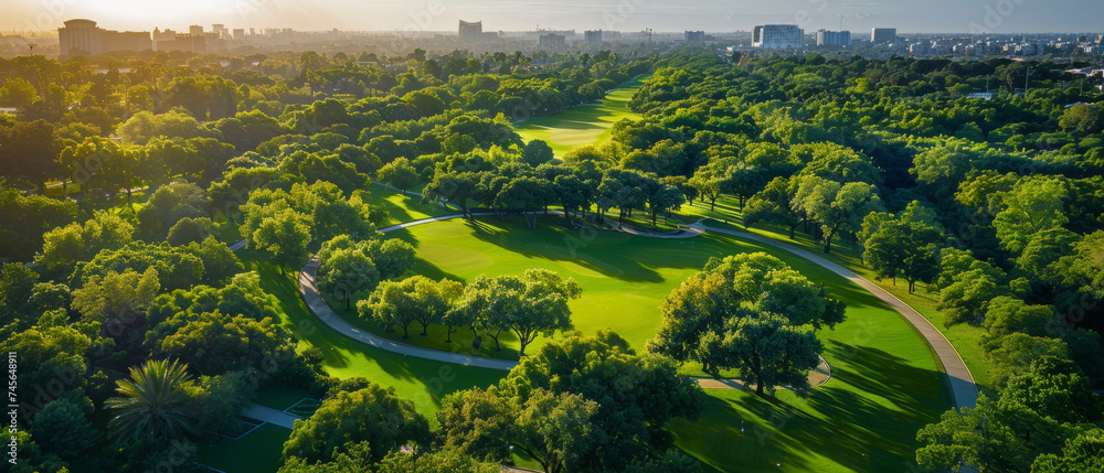 Aerial view of a lush green park with winding paths surrounded by trees bathed in the soft light of early morning or late afternoon, showcasing the tranquility and natural beauty of an urban oasis.