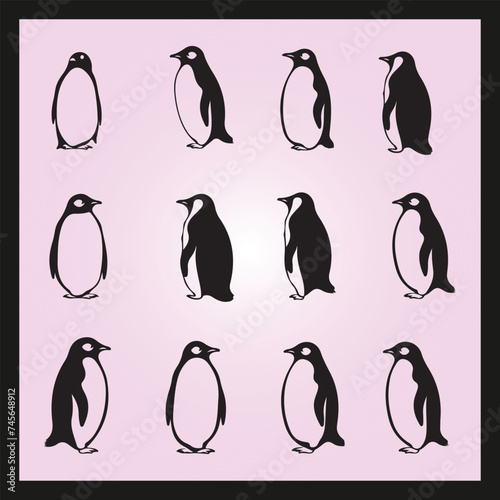 Penguin silhouette set Clipart on a hex color background