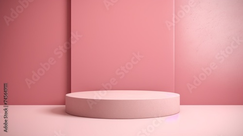 Horizontal Minimal Pink Round Podium, Geometric Platform, Stage for the presentation of the Cosmetics Brand, Packaging with copy space.