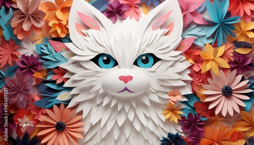Paper craft white cat with colorful fur