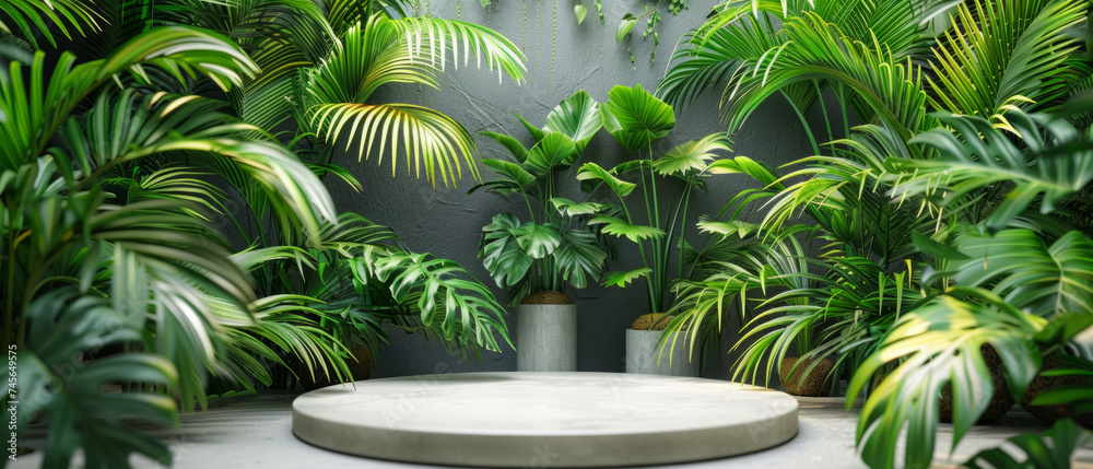 Concrete pedestal mockup surrounded by lush tropical greenery in a misty environment, ideal for displaying products mock up or design pieces. 