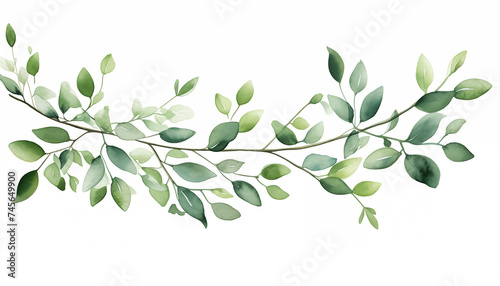 Watercolor card of green branches isolated, white background