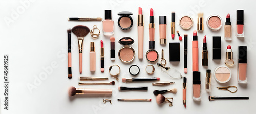 A close up of a variety of makeup products arranged on a table generative ai A close up of a compact blush generative ai A collection of makeup products including a tube of makeup and a tube of makeup