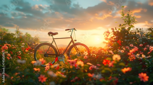 Bicycle at Sunset in a Field of Flowers © vanilnilnilla