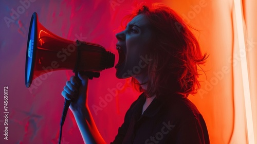 Woman Screaming in Loudspeaker. Announcement, Discount, Sale, Black Friday, Warning, Information
