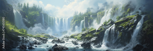 Jungle  waterfall. Panoramic view. Digital art.