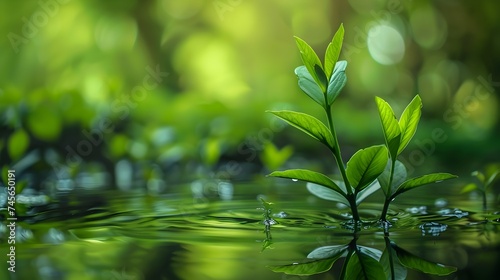 Tranquil Green Leaves Reflection on Water