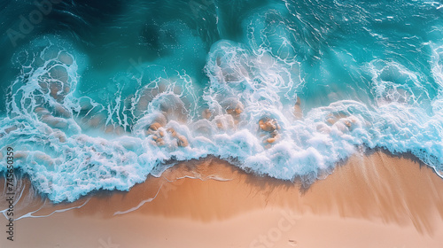 An overhead shot captures the mesmerizing patterns of turquoise sea waves as they meet the golden sands of a tranquil beach.