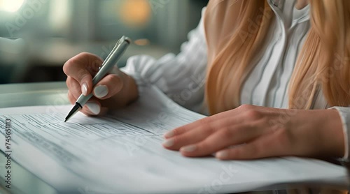 Closeup woman filling form of Individual Income Tax Return
