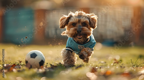 Terrier Playing Soccer in Fenced Yard