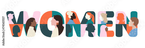 happy international women's day banner, text letter word women illustrated with woman head face side view silhouette, modern minimal png illustration on transparent background