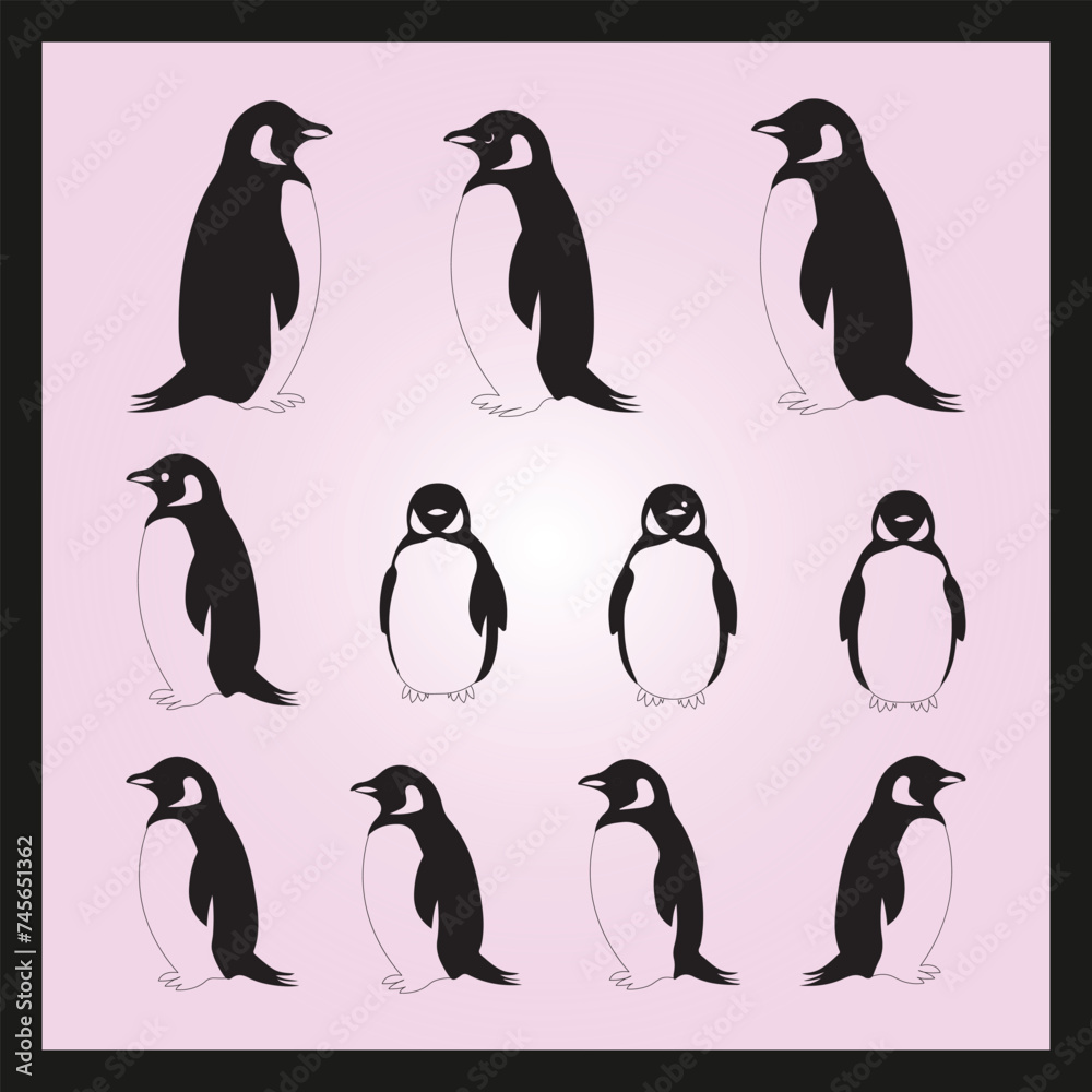 Obraz premium Penguin silhouette set Clipart on a hex color background