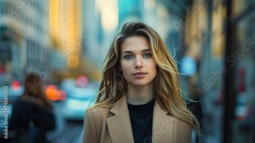 A young woman with blonde hair and a thoughtful expression stands on a city street, blurred urban backdrop with warm light © ChubbyCat