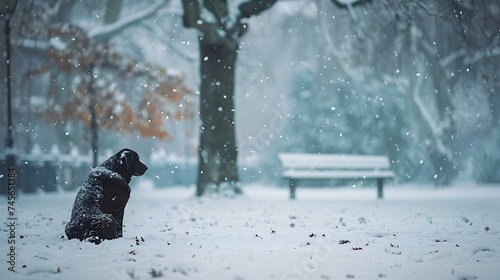 Black Dog Waiting something in Snowy Park