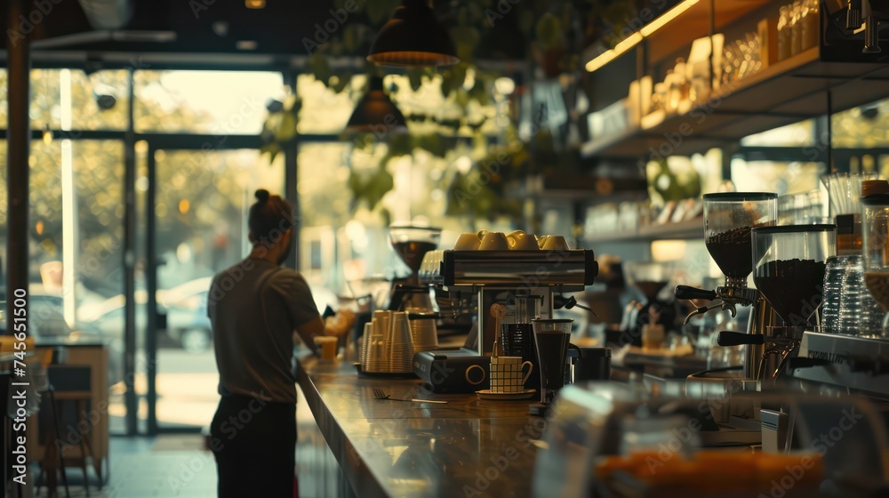Blurred background of a modern coffee shop featuring coffee maker machines and barista equipment