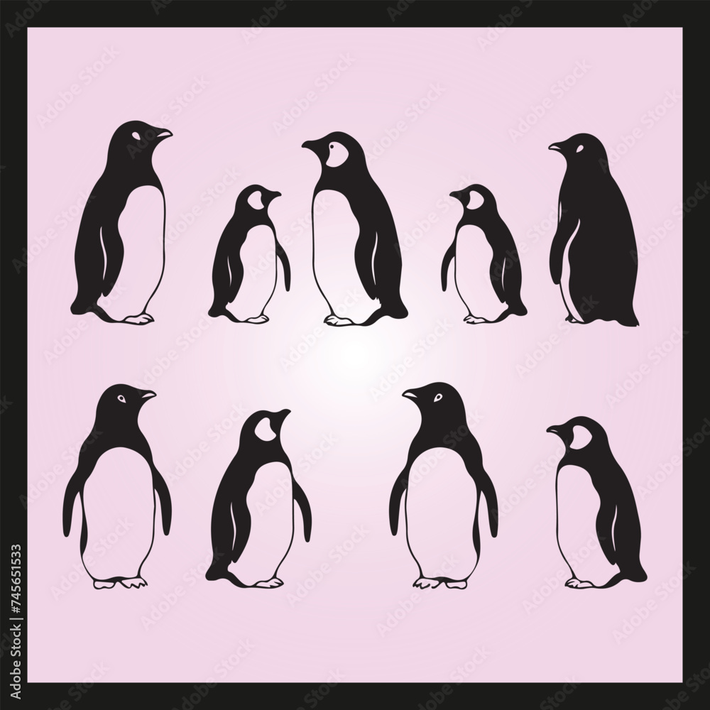 Naklejka premium Penguin silhouette set Clipart on a hex color background