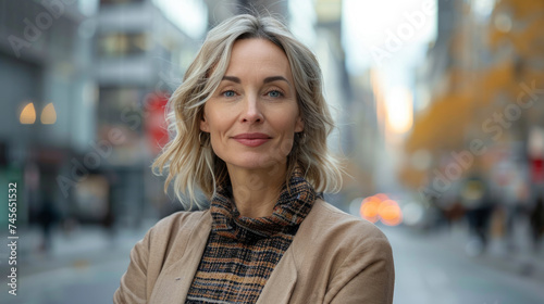 Confident mature woman with blonde hair and a subtle smile standing in an urban setting during the daytime
