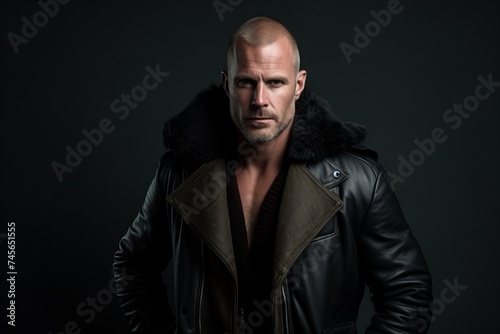Portrait of a stylish brutal man in a leather jacket. Men's beauty, fashion.