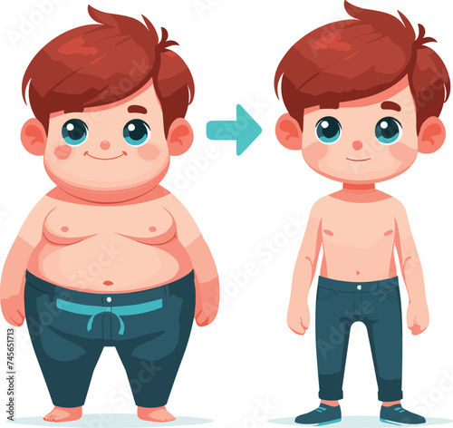 cartoon fat and thin boy, weight loss kids vector illustration 