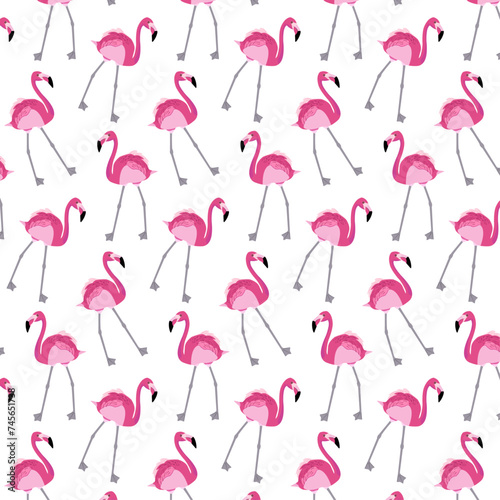 Seamless pattern for packaging and wrapping paper. Pink flamingo bird on a white background. Ornament for fabric and textiles. Vector cartoon illustration for bed linen. Bright summer background.