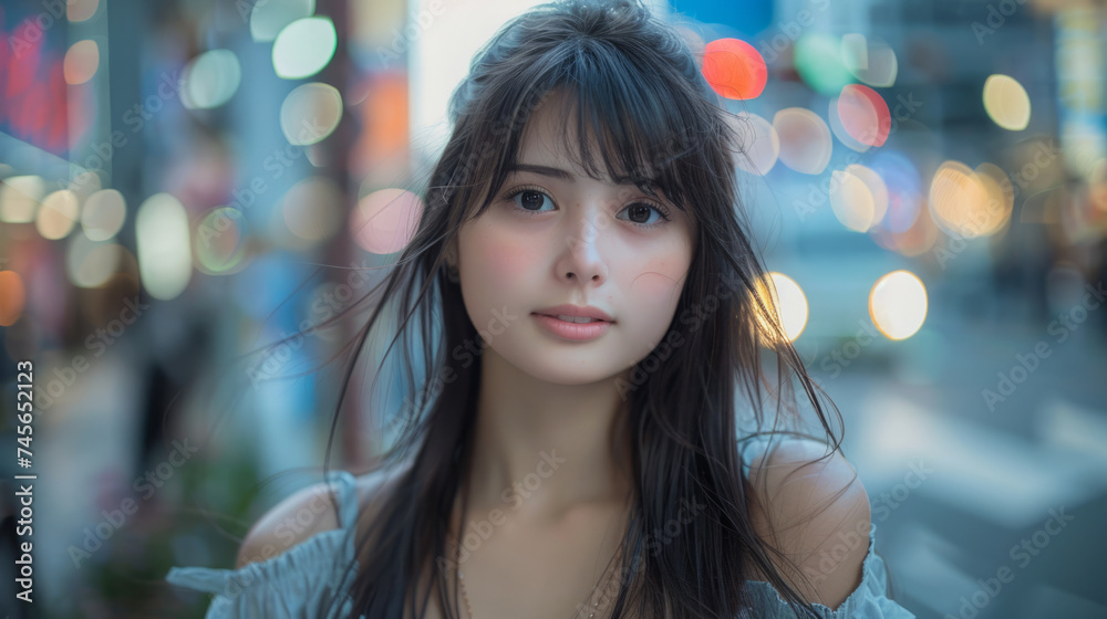 Portrait of a young woman with long hair and casual clothing standing in an urban setting with blurred lights in the background. Portrait of a young woman with long hair and casual clothing standing in an urban setting with blurred lights in the background.