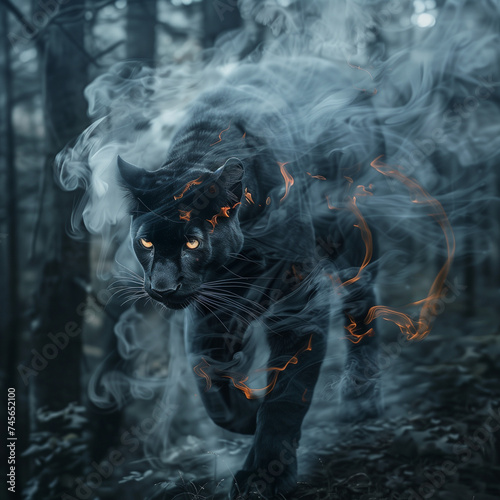 a majestic panther, burning smoke on a black background