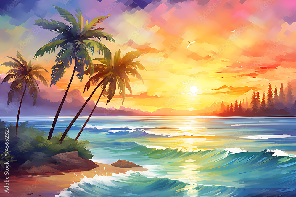 Tropical beach at sunset with palm trees. Collage.
