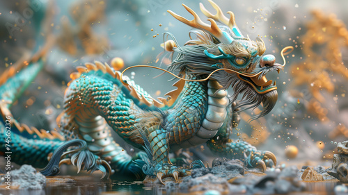 Chinese folklore Dragon suitable for Chinese New Year. Decorative colorful background. Translucent glass  turquoise and golden style aesthetics.