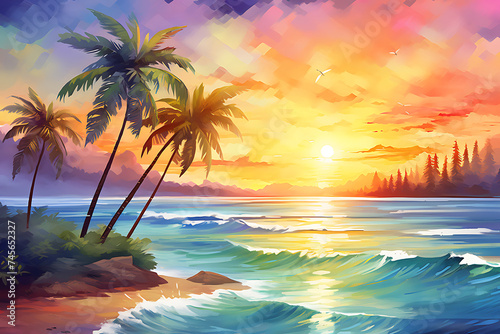 Tropical beach at sunset with palm trees. Collage. © Creative