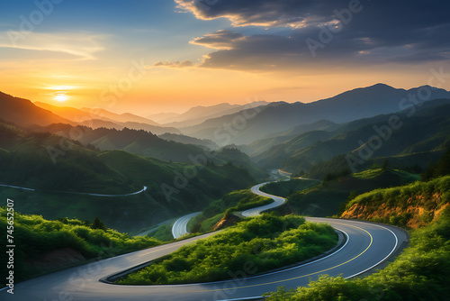 Beautiful landscape of mountain road in the morning at sunset, Taiwan