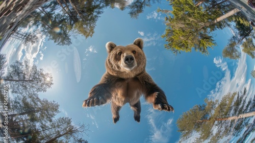 Bear jumping down against a blue sky. Animal in the air in motion