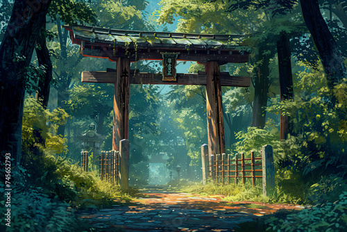  Torii gate in the forest. Anime background , Illustration, art.