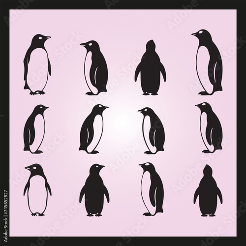 Penguin silhouette set Clipart on a hex color background