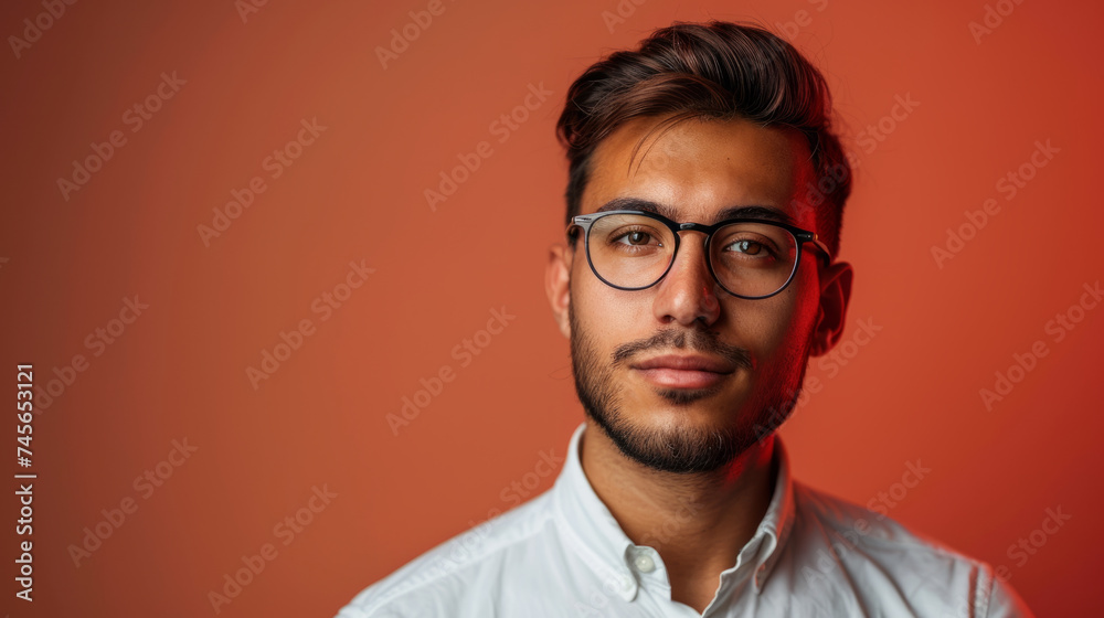 Obraz premium A portrait of a young adult male with glasses and a white shirt against an orange backdrop. 