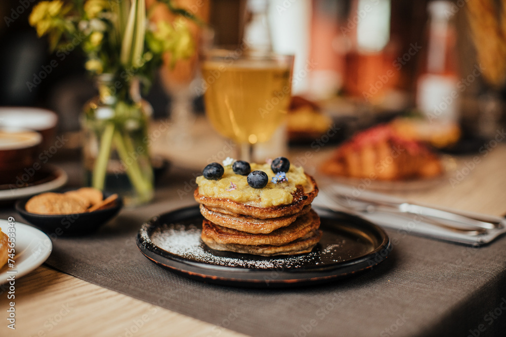 breakfast or brunch with pancakes in elegant mood