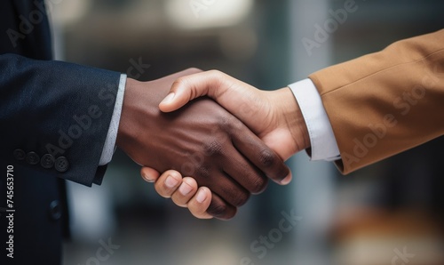 white and black people shaking hands, office background blur, anti discrimination concept.