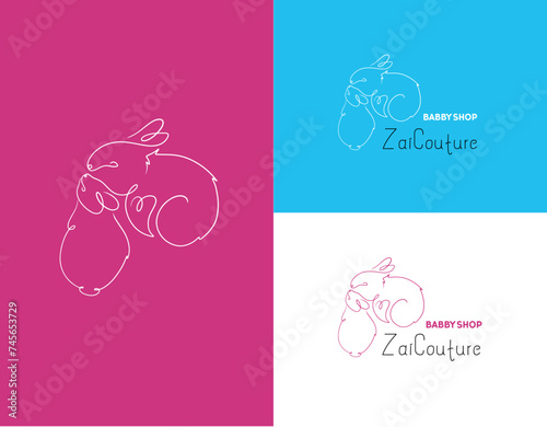Cute bunny in loving. Minimalistic logo in the line art style for kids business